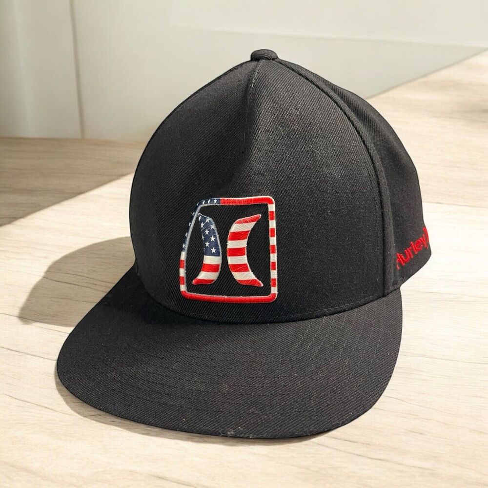 Hurley USA Flag Embroidered Black Snapback Hat Adjustable Flexfit Patriotic Cap